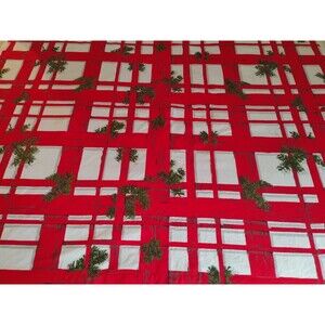 Vtg Christmas Tablecloth MCM Red Plaid Pines Country Cabin 52" X 84"